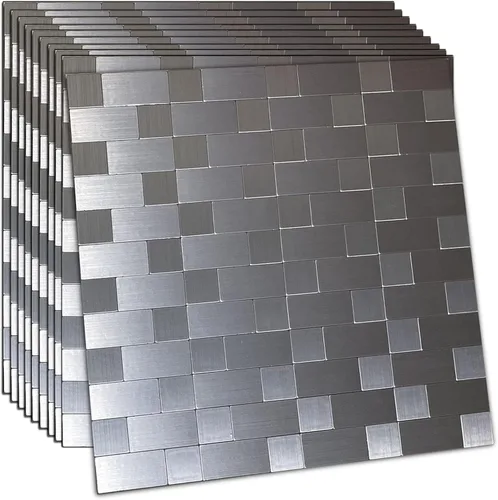 Vista 7 de Azulejo de 5 hojas para salpicaduras de despegar y pegar, adhesivo de metal autoadhesivo, azulejos de mosaico de aluminio cepillado para cocina