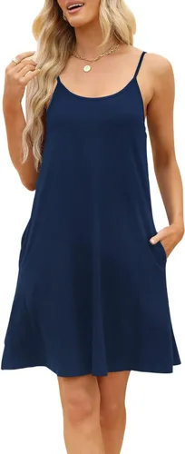 Vista 4 de MERRYVILLA Vestido de verano para mujer, con tirantes delgados, mangas casuales, con vuelo, vestido de playa con bolsillos