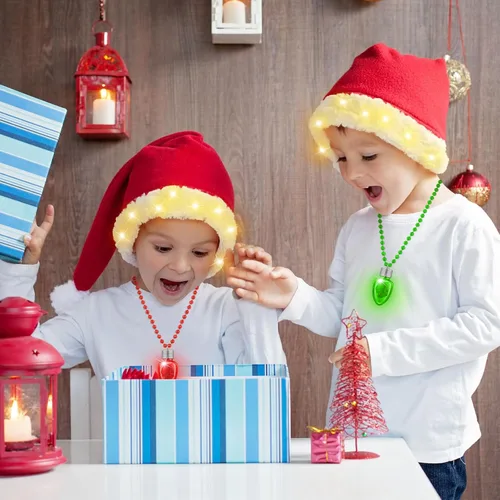 Vista 4 de Suhine 24 piezas de sombreros de Navidad con luz LED, color parpadeante, collares de bombilla de Navidad para adultos y niños, suministros de fiesta