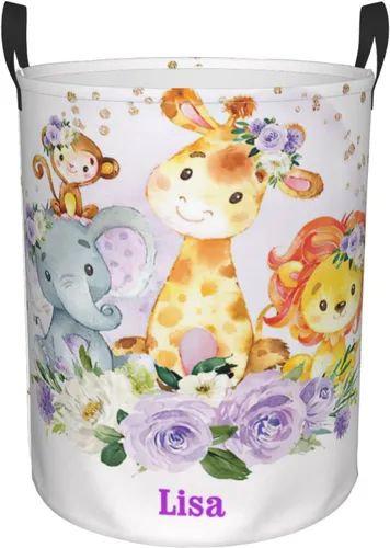 Vista 13 de Cesta de lavandería personalizada con diseño de jirafa, león y flores rosadas, con asas, impermeable, para decoración de dormitorio y baño.