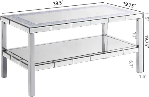 Vista 2 de LUMISOL Mesa de centro con espejo plateado con diseño de cristal, mesa central rectangular de vidrio de 2 capas con patas de acero inoxidable, mesa