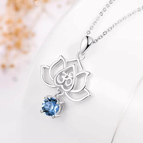 Vista 3 de TANGPOET Lotus Flower with Birthstone Necklace for Women Girls 925 Sterling Silver Om Pendant Necklace Healing Jewelry Gifts for Christmas Birthday