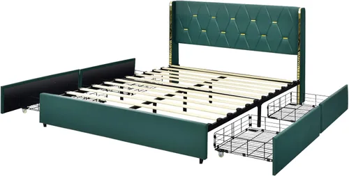 Vista 8 de KOTEK Base de cama tapizada de tamaño matrimonial con 4 cajones, base de cama de plataforma con cabecera copetuda con botones y soporte de listones