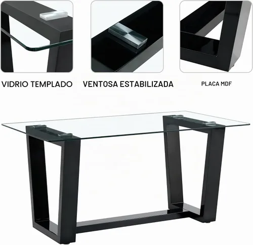 Vista 5 de Juego de mesa de comedor de cristal para 4, juego de mesa de cocina moderno de 63 pulgadas con parte superior de vidrio templado, base trapezoidal