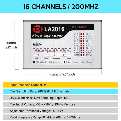 Vista 2 de Analizador Lógico USB LA2016 16 Canales 200MHz 1G Memoria con Software PC en Inglés Portátil de Alta Velocidad Soporta I2C SPI CAN UART para Windows