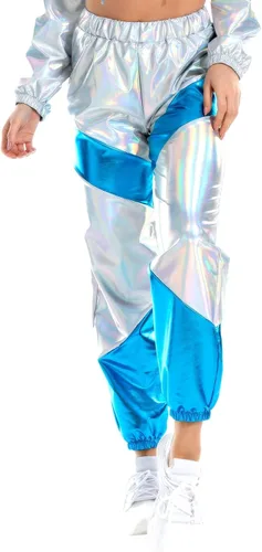 Vista 5 de IDOPIP Pantalones deportivos metálicos brillantes para mujer con bloques de color holográficos cintura alta reflectantes para Halloween disfraz sexy