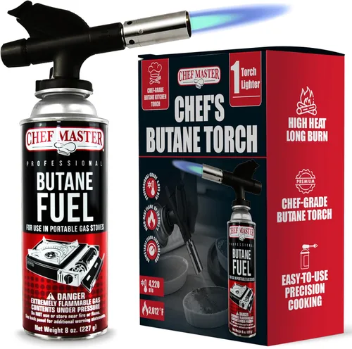 Vista 9 de Combo de Encendedor de Antorcha de Butano con 4 x 8 oz. de Combustible de Butano de Chef Master, Antorcha de Cocina Recargable para Brulee, Postres