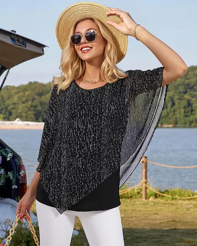 Vista 2 de Lotusmile Blusas elegantes de gasa tipo poncho para mujer 25 impresiones punto negro