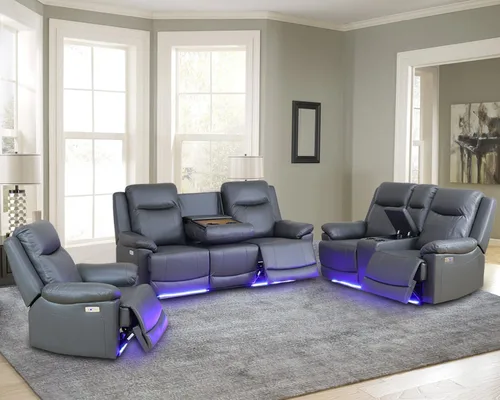 Vista 6 de Air Leather - Juego de sofá reclinable eléctrico con LED, juegos de muebles de sala de estar, juego de sofá reclinable eléctrico con puertos USB