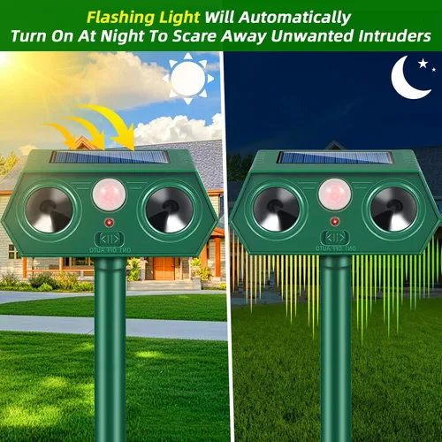 Vista 5 de Paquete de 2 repelentes ultrasónicos de animales alimentados por energía solar con detección de movimiento, disuasorio impermeable IP66 para gatos