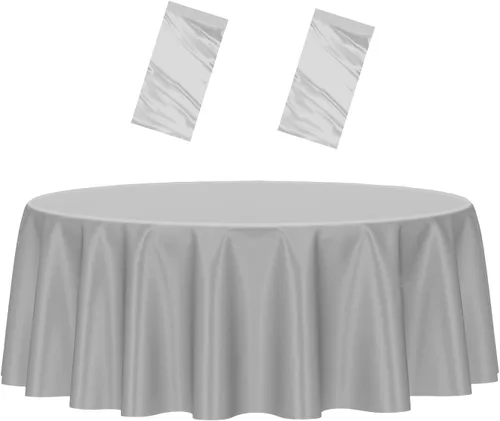 Vista 9 de HEIPINIUYE - Paquete de 2 manteles redondos de 84 pulgadas de plástico beige, manteles de mesa impermeables desechables para redondas, ideales