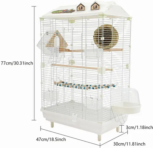 Vista 3 de Jaula para pájaros de hierro de 2 niveles, jaula de loros de palomas, jaula de periquitos de 30 pulgadas con cajas de agua/alimentos, jaula