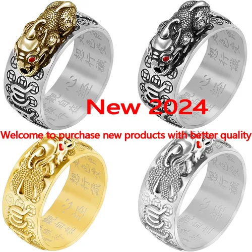 Vista 7 de Anillo ajustable de plata 990 Feng Shui PiXiu Mani Mantra Protección Wealth Ring