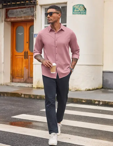 Vista 35 de COOFANDY Camisa de vestir casual de mezclilla con botones y manga larga para hombre