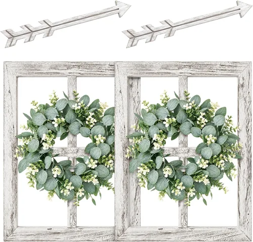 Vista 11 de Marco de ventana de madera rústica con corona verde y flechas para decoración de pared, marco de ventana estilo granja colgante, decoración falsa