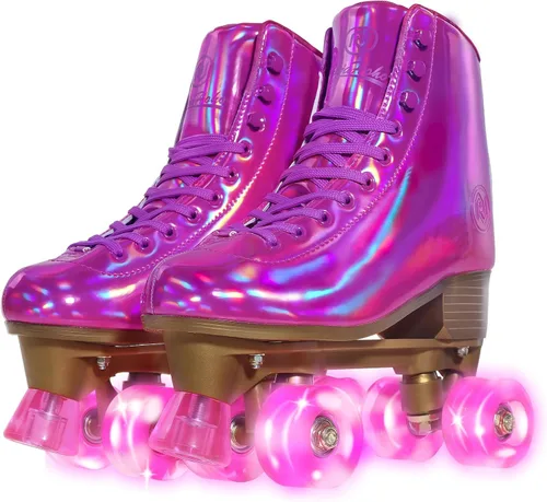 Vista 8 de JajaHoho Patines de ruedas para mujer, piel sintética holográfica magenta de alta calidad, patines de doble fila brillantes con cuatro ruedas rosa