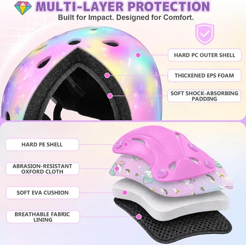 Vista 5 de Casco para niños, casco de bicicleta para niños pequeños con pegatinas DIY Unicornio, rodilleras y coderas ajustables, juego de protección para Rosa
