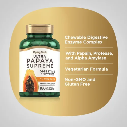Vista 4 de Piping Rock Enzimas digestivas de papaya masticables 180 tabletas Ultra suplemento para mujeres y hombres Papaya Carica Vegetariano, sin