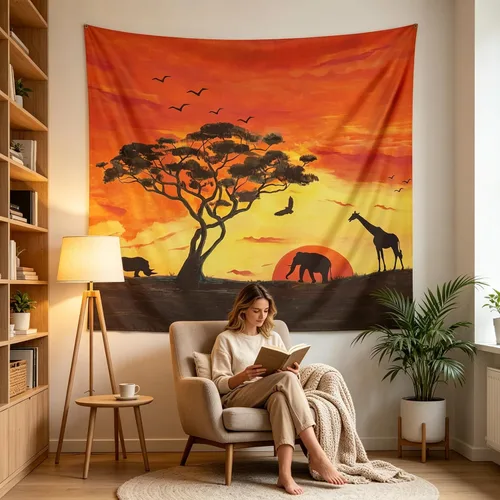 Vista 7 de BROSHAN Tapiz de animales pequeños, pintados a mano con diseño de safari africano, elefante, árbol, silueta de árbol, tapices de tela para colgar