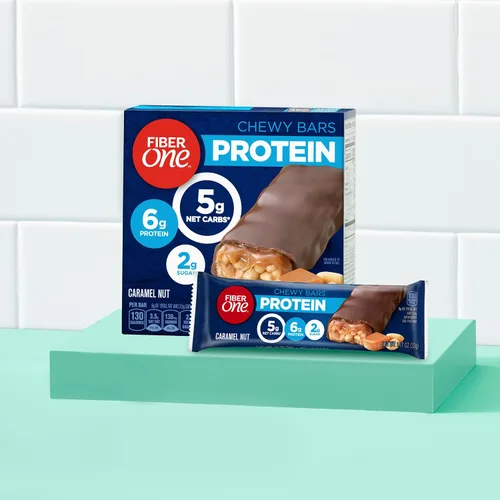 Vista 6 de Barras proteínicas masticables Fiber One, nuez de caramelo, aperitivos proteínicos, 1.17 oz, 5
