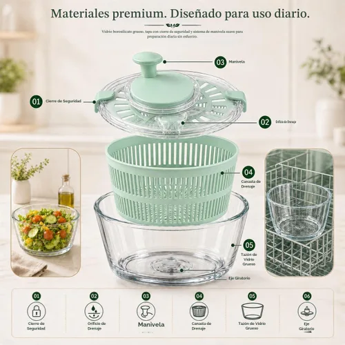 Vista 3 de Ensalada de vidrio grande de 5.2 cuartos de galón con tapa de Verde