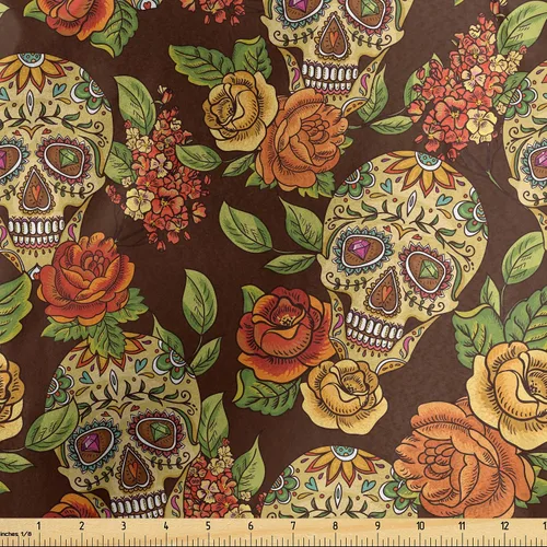 Vista 100 de Ambesonne The Yard, tela de calavera colorida con temática de Halloween, diseño de calavera y huesos cruzados, divertido estampado de dibujos