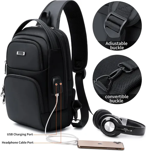 Vista 31 de DUSLANG Mochila de hombro para senderismo, bolsa cruzada para hombres, bolsas de pecho con puerto de cargador USB para campamento casual, ciclismo