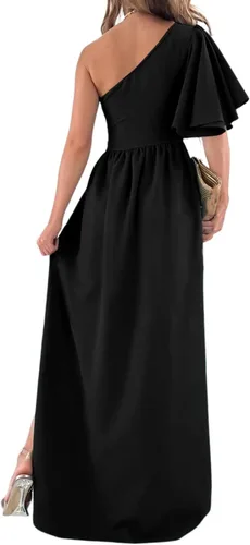 Vista 2 de Rooscier Vestido largo formal de manga corta con volantes y un hombro para mujer