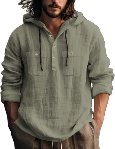 Vista 12 de Camisas de lino para hombre, ligeras, con botones, de manga larga, con capucha, ajuste regular, de algodón, para la playa
