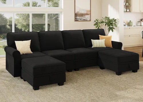Vista 7 de HONBAY Sofá modular convertible con almacenamiento en forma de U con diván reversible para sala de estar, negro medio negro (Mid Black)