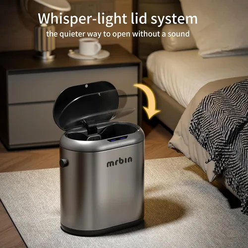 Vista 6 de MRBIN Cubo de basura de metal de absorción automática para baño, cubo de basura sin contacto con tapa, bote de basura delgado de 3.2 galones