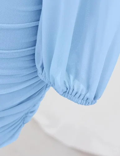 Vista 5 de ZESICA Vestido corto sexy con cuello en V y fruncido para mujer, manga larga, cóctel, boda, fiesta