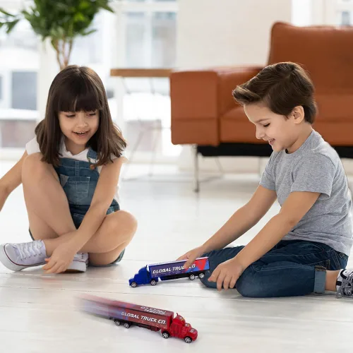 Vista 6 de ArtCreativity Juguetes semirremolques para niños, juego de 2, camiones de juguete para niños en rojo y azul, camiones de remolque para horas