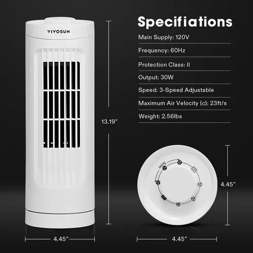 Vista 7 de VIVOSUN Ventilador de torre de 13 pulgadas, ventilador de escritorio sin aspas con 3 velocidades y oscilación de 70°, portátil y compacto