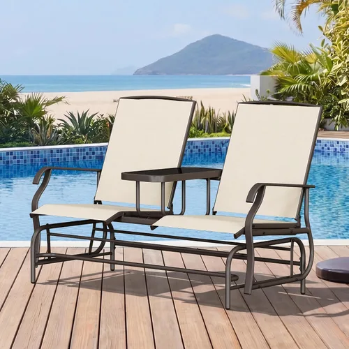 Vista 6 de Yaheetech Planeador de 2 asientos para exteriores con mesa central, sofá biplaza mecedora para patio con marco de metal resistente de malla Beige