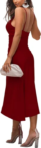 Vista 2 de LYANER - Vestidos de satén para mujer, con tirantes delgados y cuello vuelto holgado, largo debajo de la rodilla, diseño sexy fruncido, ideal