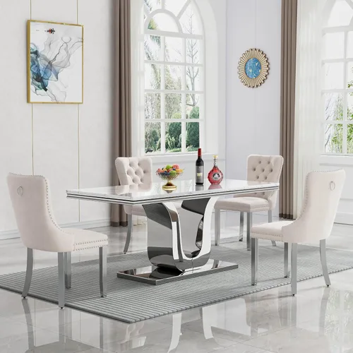 Vista 78 de Juego de mesa de comedor de mármol sintético, 7 piezas, juego de mesa de cocina y comedor para 6, mesa de comedor rectangular blanca de 70 pulgadas