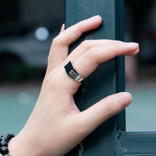 Vista 5 de AROTOROM 925 Sterling Silver Ring with Solid Rectangle Signet Black Enamel Ring, Turkish Classic Design Handmade Jewelry,Fashion Signet Ring