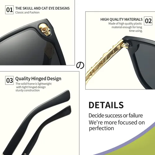 Vista 7 de Dollger Lentes de sol con diseño de calavera, y aros con forma de ojo de gato, protección UV400