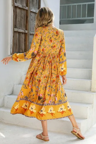 Vista 5 de R.Vivimos - Vestidos por debajo de la rodilla, de manga larga, con estampado floral, de estilo retro y bohemio, con cuello en V y borlas para mujer