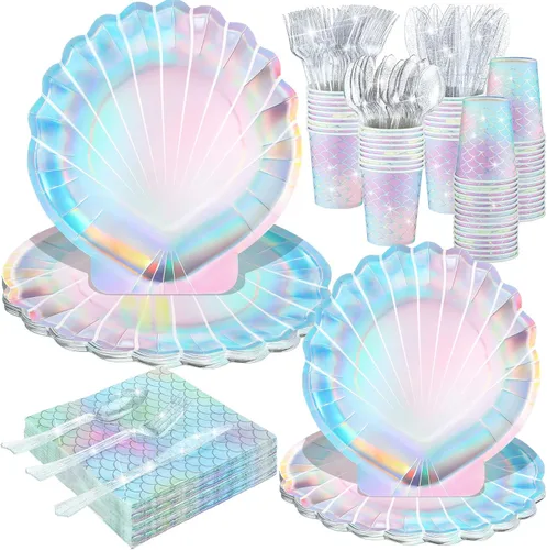 Vista 9 de 144 piezas de suministros para fiesta de sirenas, decoraciones temáticas de sirenas, juego de vajilla para fiesta bajo el mar, incluye platos