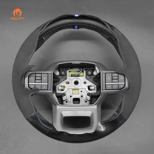 Vista 3 de MEWANT Funda de volante de automóvil brillante de fibra de carbono y gamuza cosida a mano para Ford F-150 2021-2023 / F-150 Lightning 2022-2023
