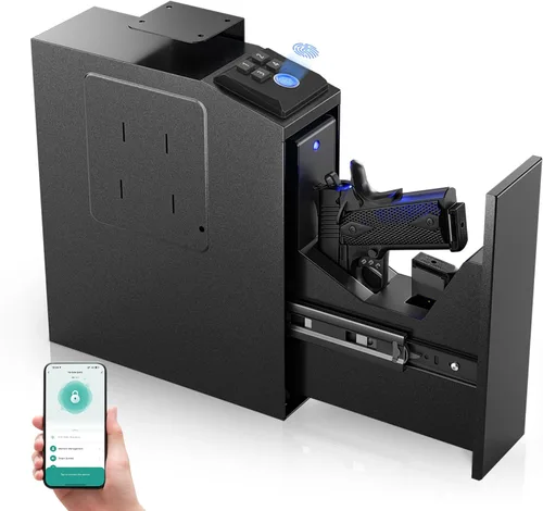 Vista 9 de Caja fuerte para armas, caja fuerte biométrica deslizante para pistola de mano, 4 formas de desbloqueo con huella digital, acceso por clave, código