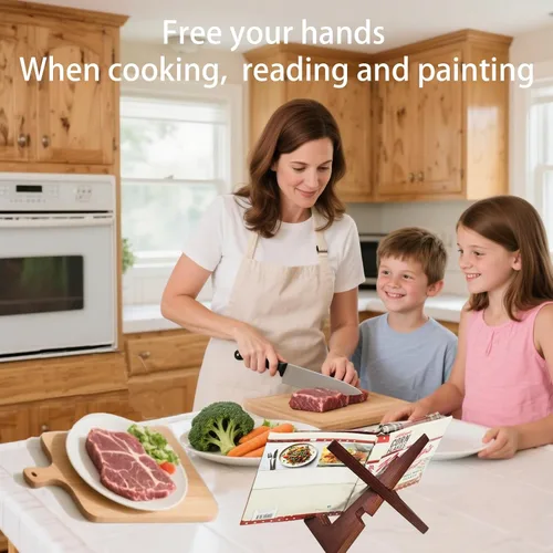 Vista 2 de Soporte para libros de cocina para encimera de cocina con capacidad para libros de 600 páginas, elegante soporte rústico de madera para exhibir
