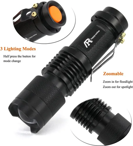 Vista 6 de paquete de 3 mini linternas led tácticas de mano de 3 modos, de 7 W y de 350 lm, con foco ajustable y con zoom.
