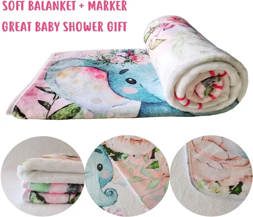 Vista 5 de Yuzioey - Manta mensual de hitos para bebé, manta de mes de elefante floral para baby shower, manta de flores de elefante rosa, manta mensual