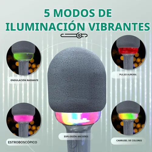 Vista 3 de Micrófono de karaoke, micrófono inalámbrico Bluetooth y altavoz con LED y Gris