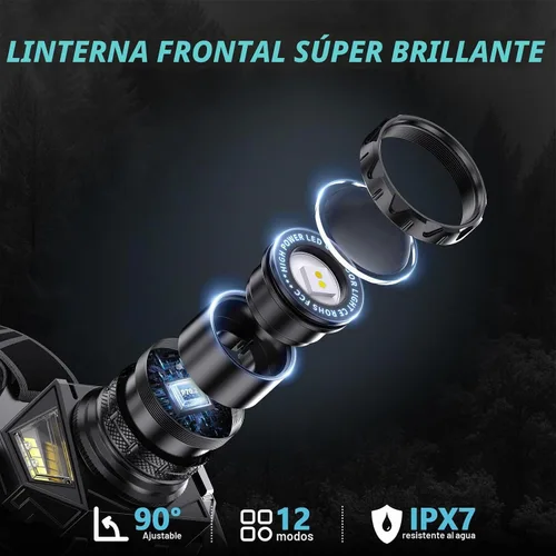 Vista 2 de Linterna frontal LED recargable, 4000 lámpara de cabeza súper brillante con 12 modos y batería de larga duración de 90 horas y sensor de movimiento