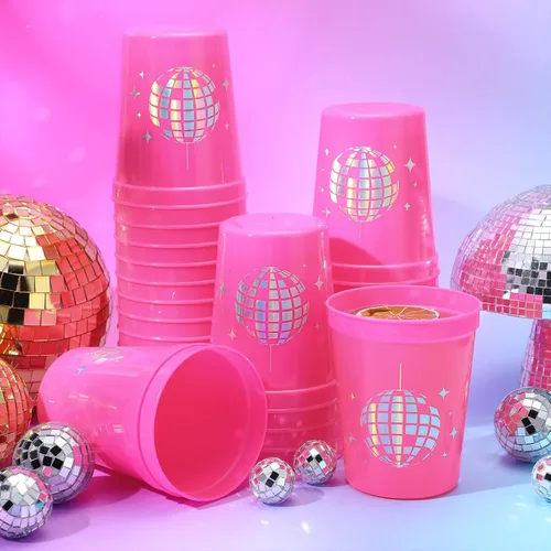 Vista 2 de Tioncy 50 vasos de plástico de 16 onzas para fiesta de discoteca para despedida de soltera, vasos reutilizables a granel de los años 70, 80, 90