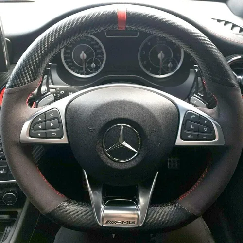 Vista 8 de Cubierta de volante de fibra de carbono mate negro y cuero de ante con costura manual, ajuste envolvente para Mercedes Benz W205/C43 GLA45 GLC43